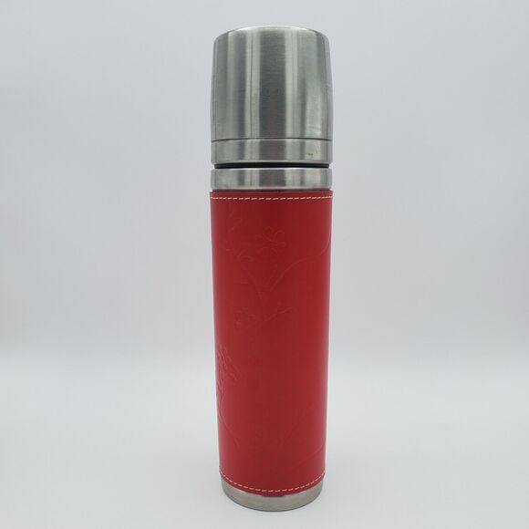 Starbucks Stainless Steel Thermos 2004 Mug Red Leather Floral Sleeve 12oz - Picture 14 of 14
